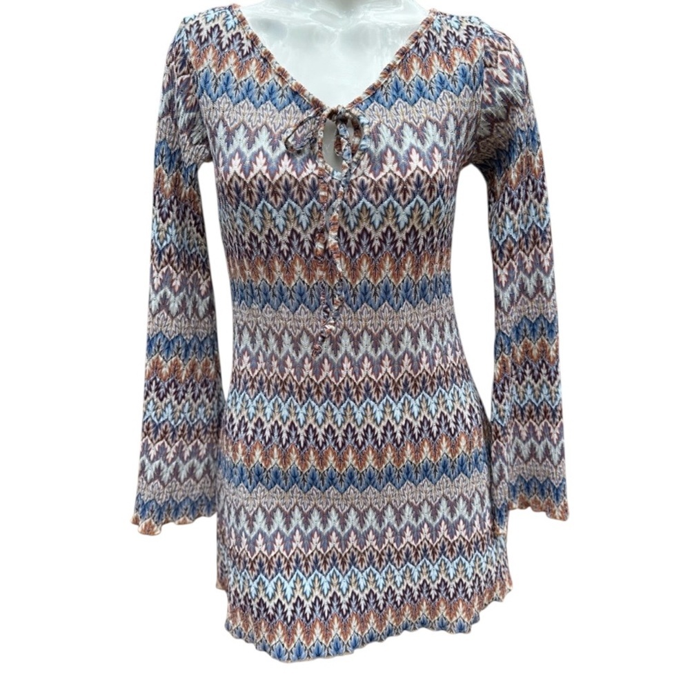 Kokoon Sheer Multicolor Blue /Browns Knit Tunic Top Size Small Beach CoverUp